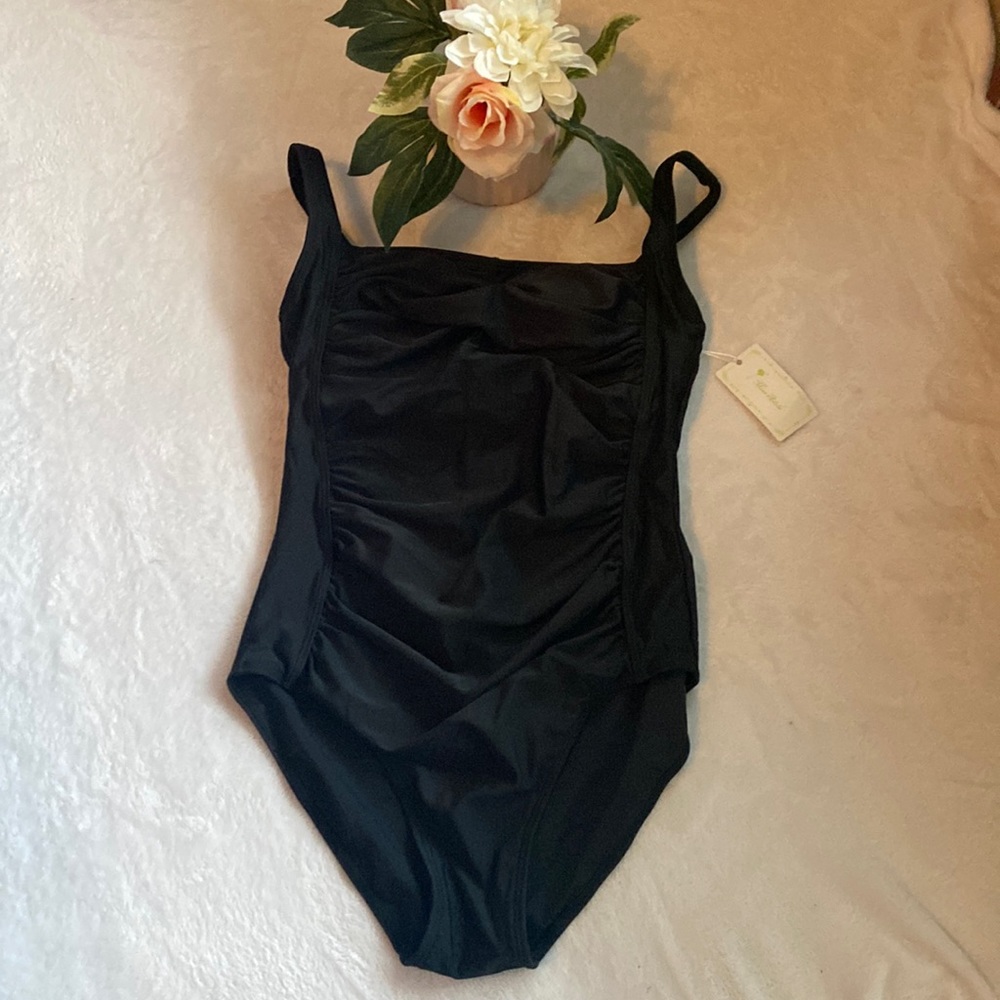 NWT Size 10 Miss Adola One Piece Black Ruched Swimsuit Adjustable Straps Padded